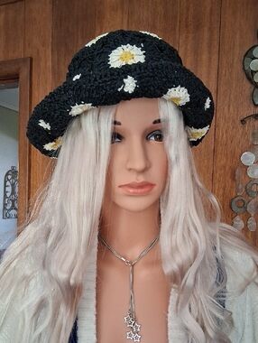 Coach Black Crochet Bucket Hat with White and Yellow Daisy Accents Lmtd. Edition